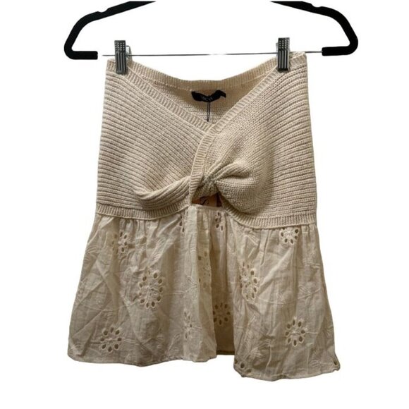 2/$30 Micas Boho Knit Strapless Peplum Top Womens M Beach Coquette Coastal Lace - Picture 1 of 11